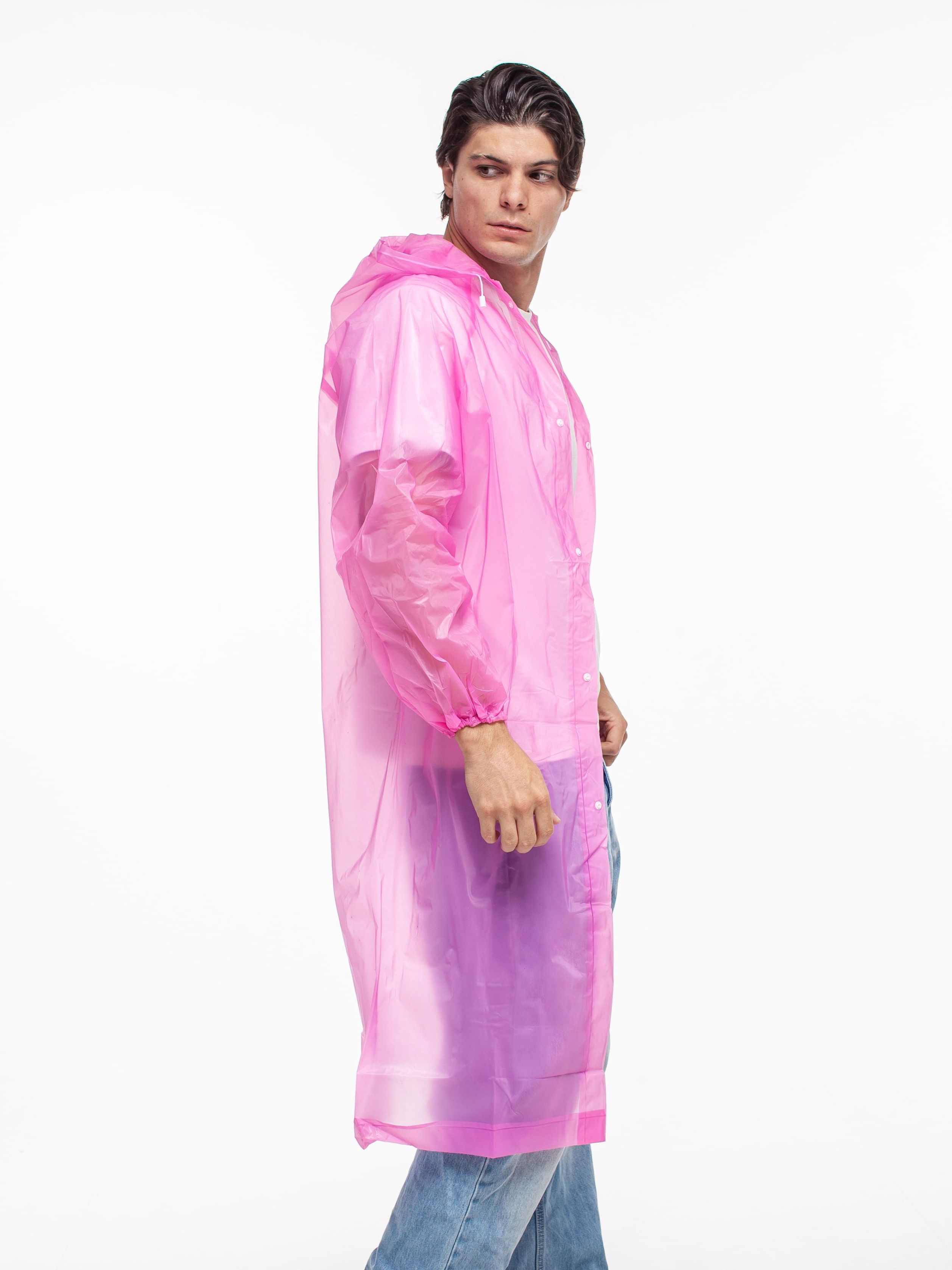Набор из 2-х дождевиков водонепроницаемых c капюшоном женский / мужской / универсальный, на кнопках, полиэтилен, 15 мкм, цвета розовые