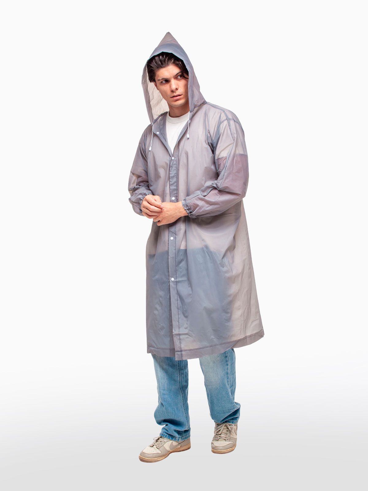 Набор из 2-х дождевиков водонепроницаемых c капюшоном женский / мужской / универсальный, на кнопках, полиэтилен, 15 мкм, цвета серые