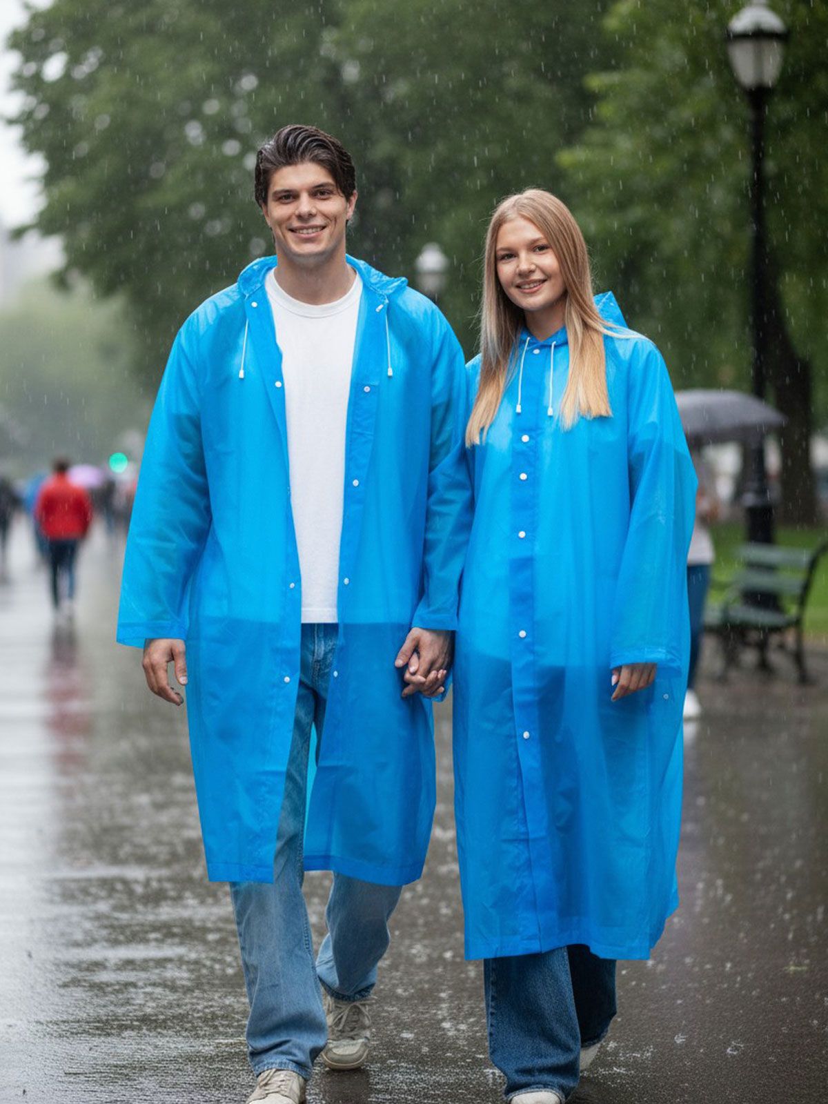 Набор из 2-х дождевиков с клапаном для рюкзака и капюшоном женский / мужской / универсальный, на кнопках, полиэтилен, цвета синие