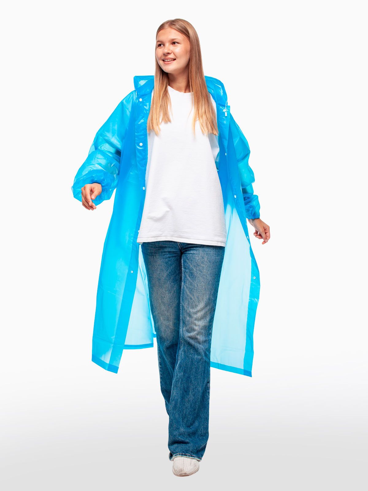 Дождевик водонепроницаемый c капюшоном женский / мужской / универсальный, на кнопках, полиэтилен, 15 мкм, цвет синий