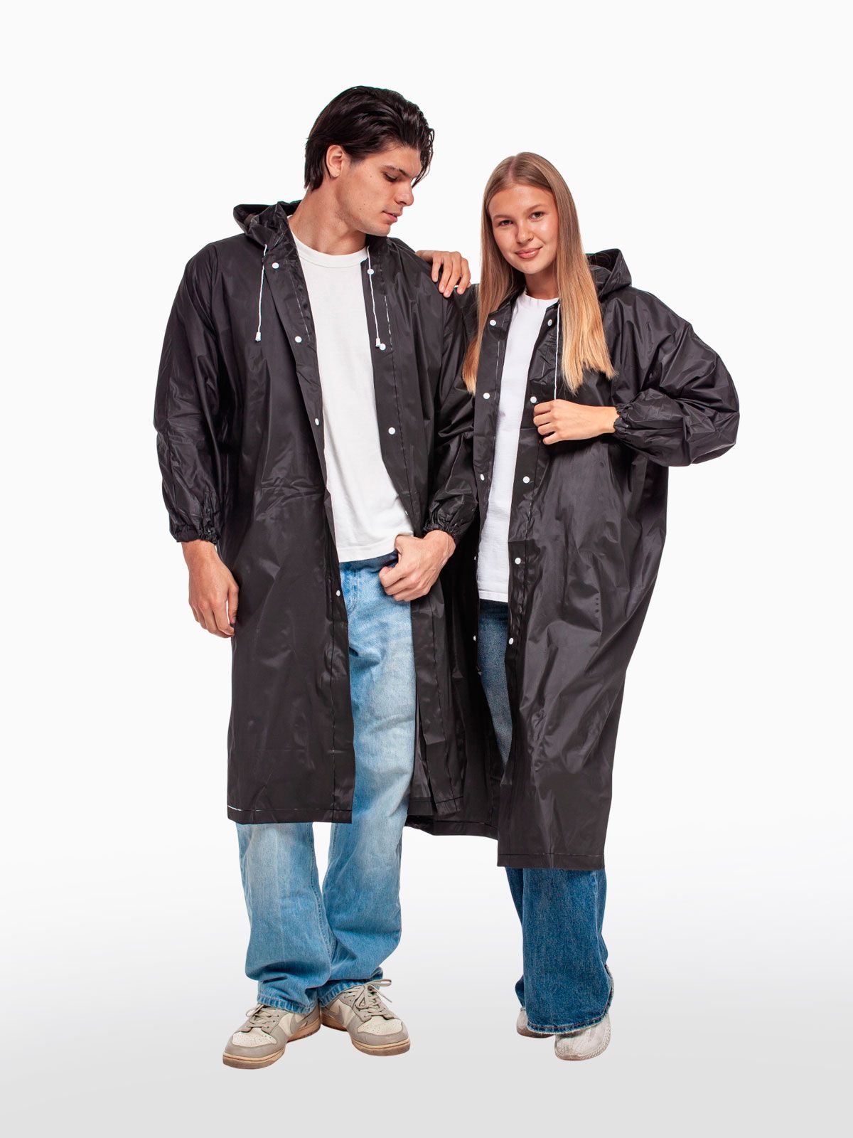 Дождевик водонепроницаемый c капюшоном женский / мужской / универсальный, на кнопках, полиэтилен, цвет черный
