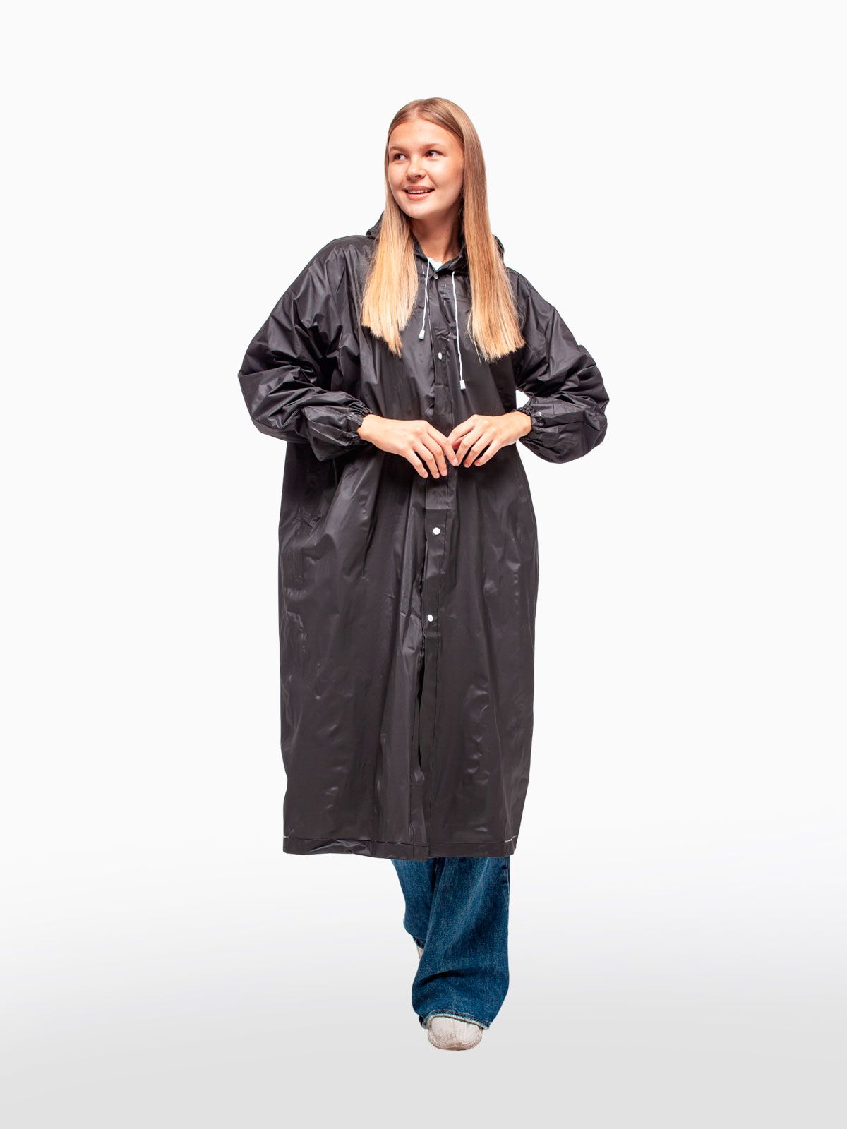 Дождевик водонепроницаемый c капюшоном женский / мужской / универсальный, на кнопках, полиэтилен, цвет черный