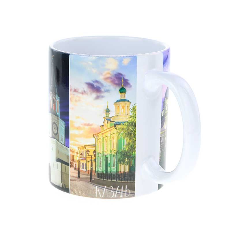 Кружка керамическая с видами Казани: храм всех религий, улицы Баумана, Никольского собора, Кул Шарифа, Дворца земледельцев, загс Чаша