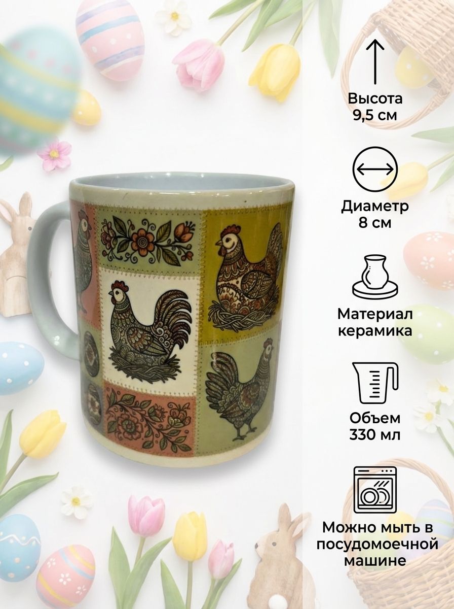 Керамическая кружка к пасхе пэчворк - Яркий стильный рисунок курочек и яичек на пасху!