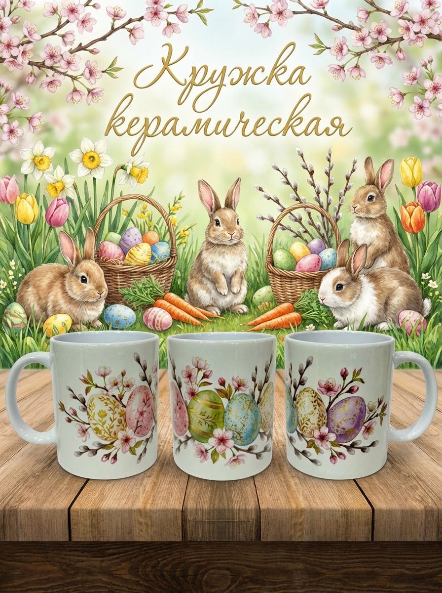 Керамическая кружка "Светлая Пасха" 2026 года, принт пасхальных яичек