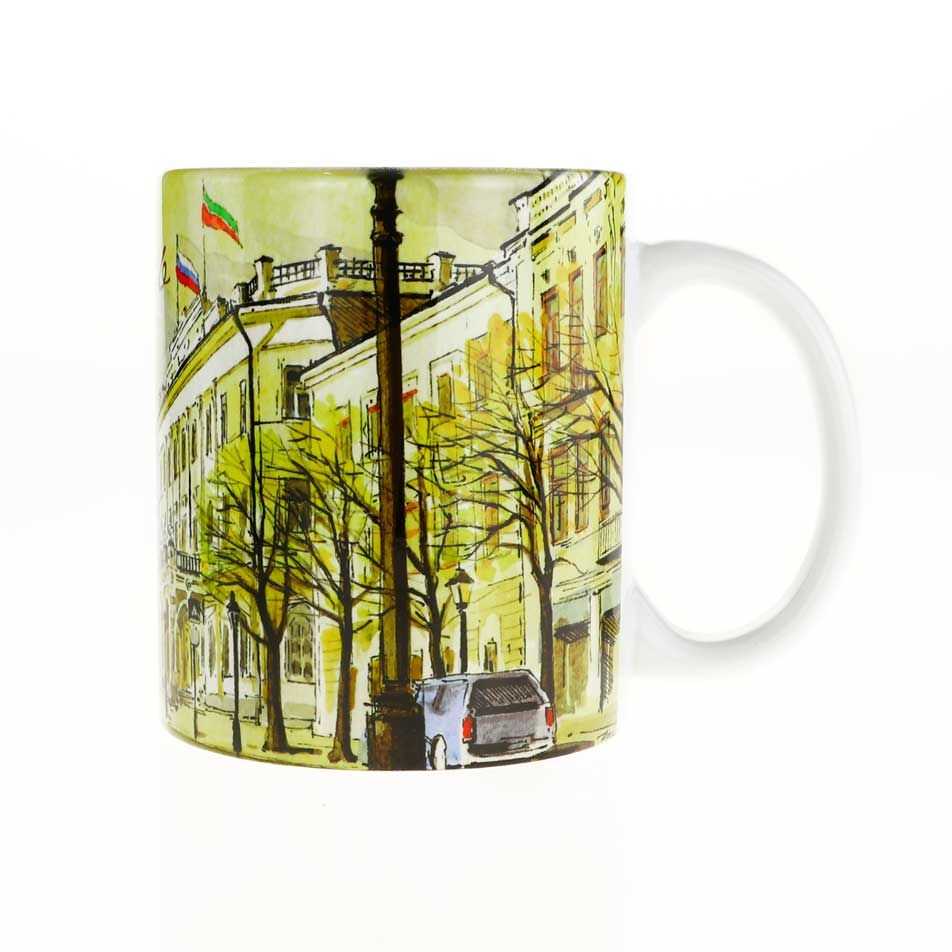 Керамическая кружка с рисунком Спасская башня, Казань от художника Хамидуллина, объем 330мл.