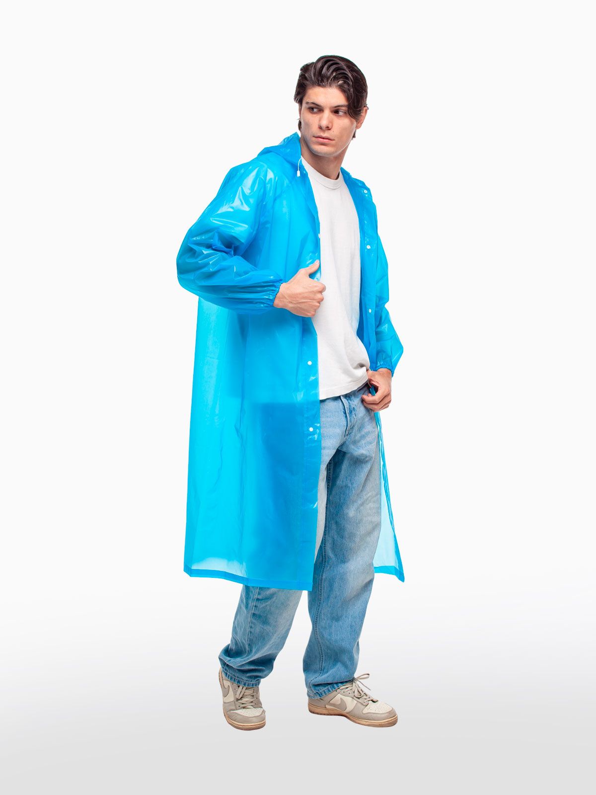 Дождевик водонепроницаемый c капюшоном женский / мужской / универсальный, на кнопках, полиэтилен, 15 мкм, цвет синий