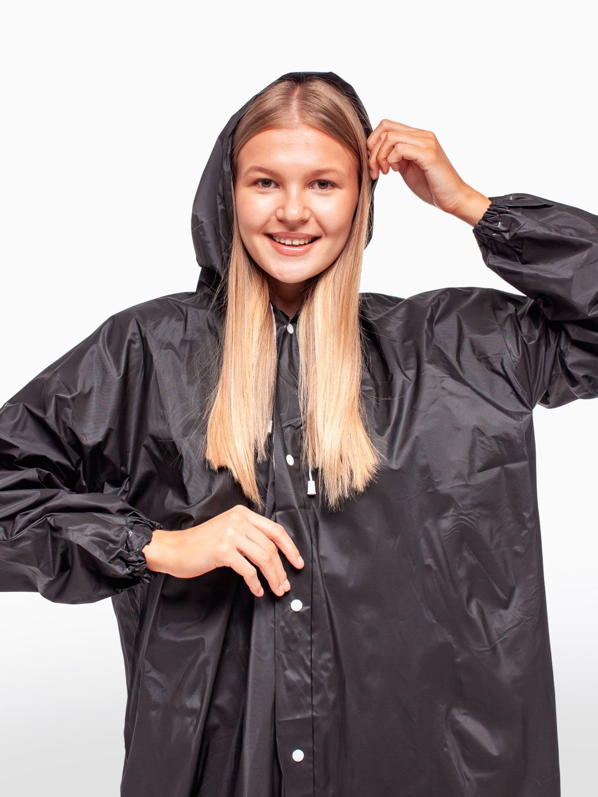 Дождевик водонепроницаемый c капюшоном женский / мужской / универсальный, на кнопках, полиэтилен, цвет черный