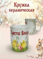 Керамическая кружка "Христос Воскрес" 2026 года, принт пасхальных яичек и цыплят