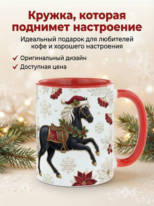 Кружка "Чёрный Конь 2026" 330мл. - Элегантная мощь наступающего года лошади. В красном стиле.