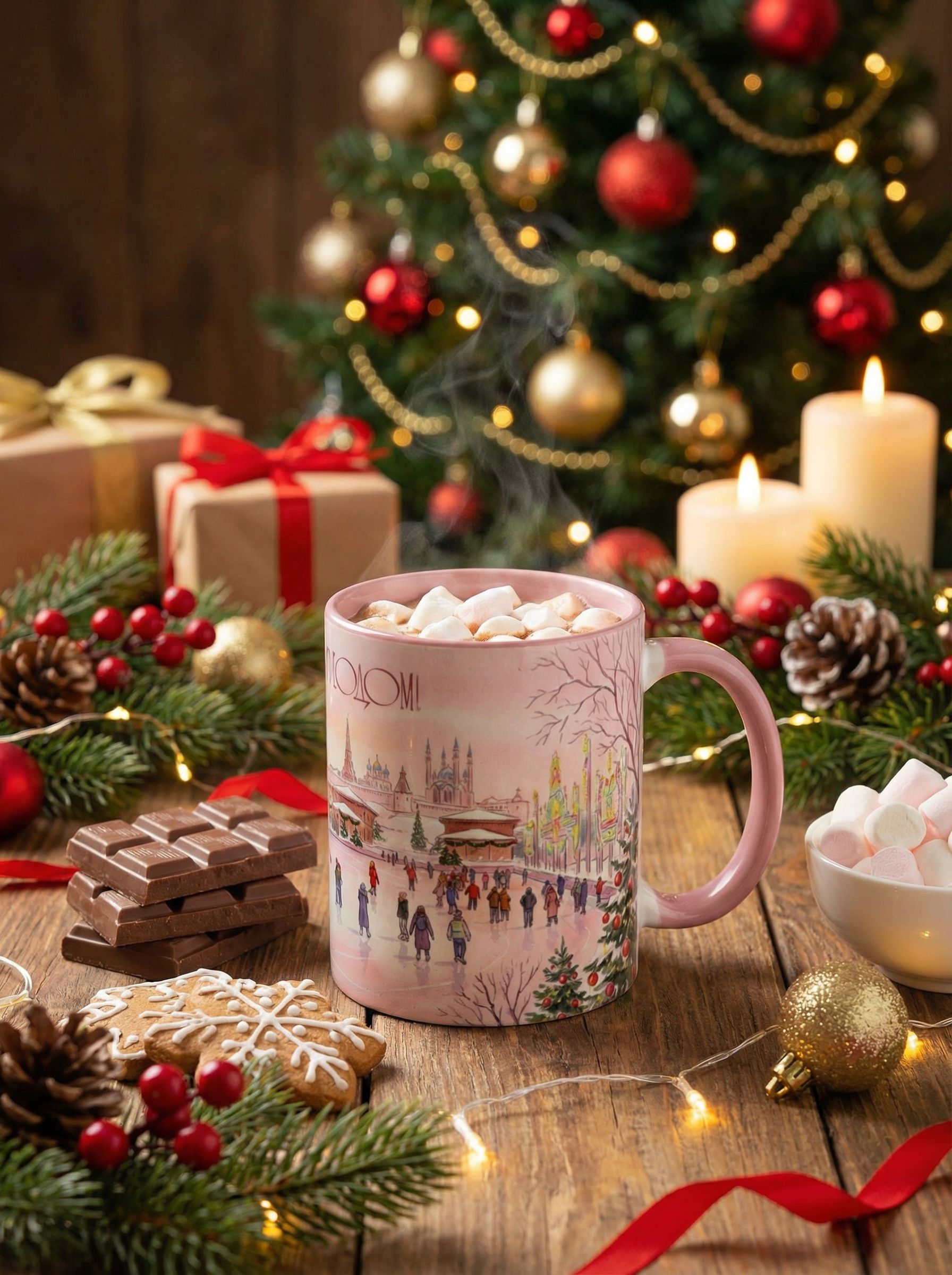 Кружка керамическая "Новогодний каток 2026" 330мл. - Волшебство зимы в твоей чашке! Розовая внутри.