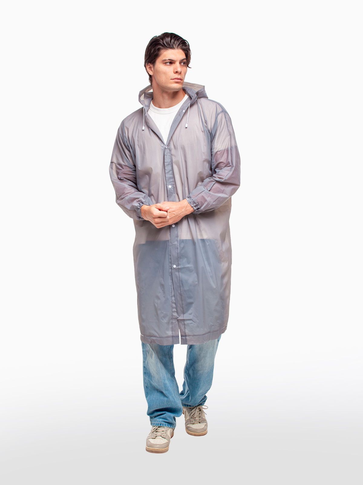 Набор из 2-х дождевиков водонепроницаемых c капюшоном женский / мужской / универсальный, на кнопках, полиэтилен, 15 мкм, цвета серые