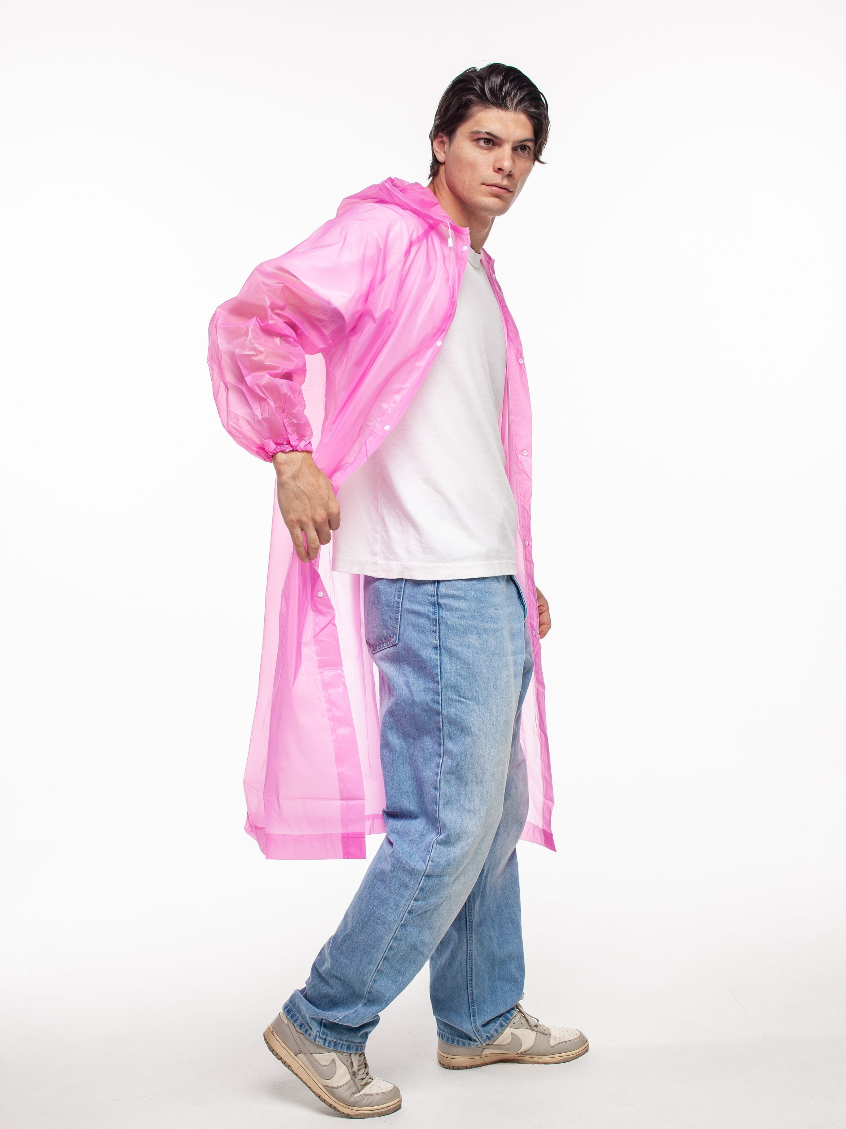 Набор из 2-х дождевиков водонепроницаемых c капюшоном женский / мужской / универсальный, на кнопках, полиэтилен, 15 мкм, цвета розовые