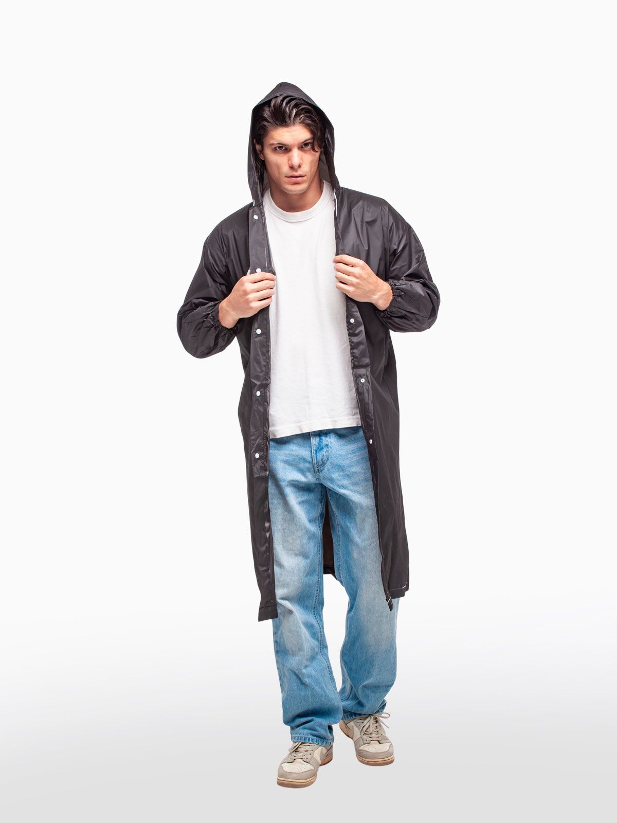 Дождевик водонепроницаемый c капюшоном женский / мужской / универсальный, на кнопках, полиэтилен, цвет черный