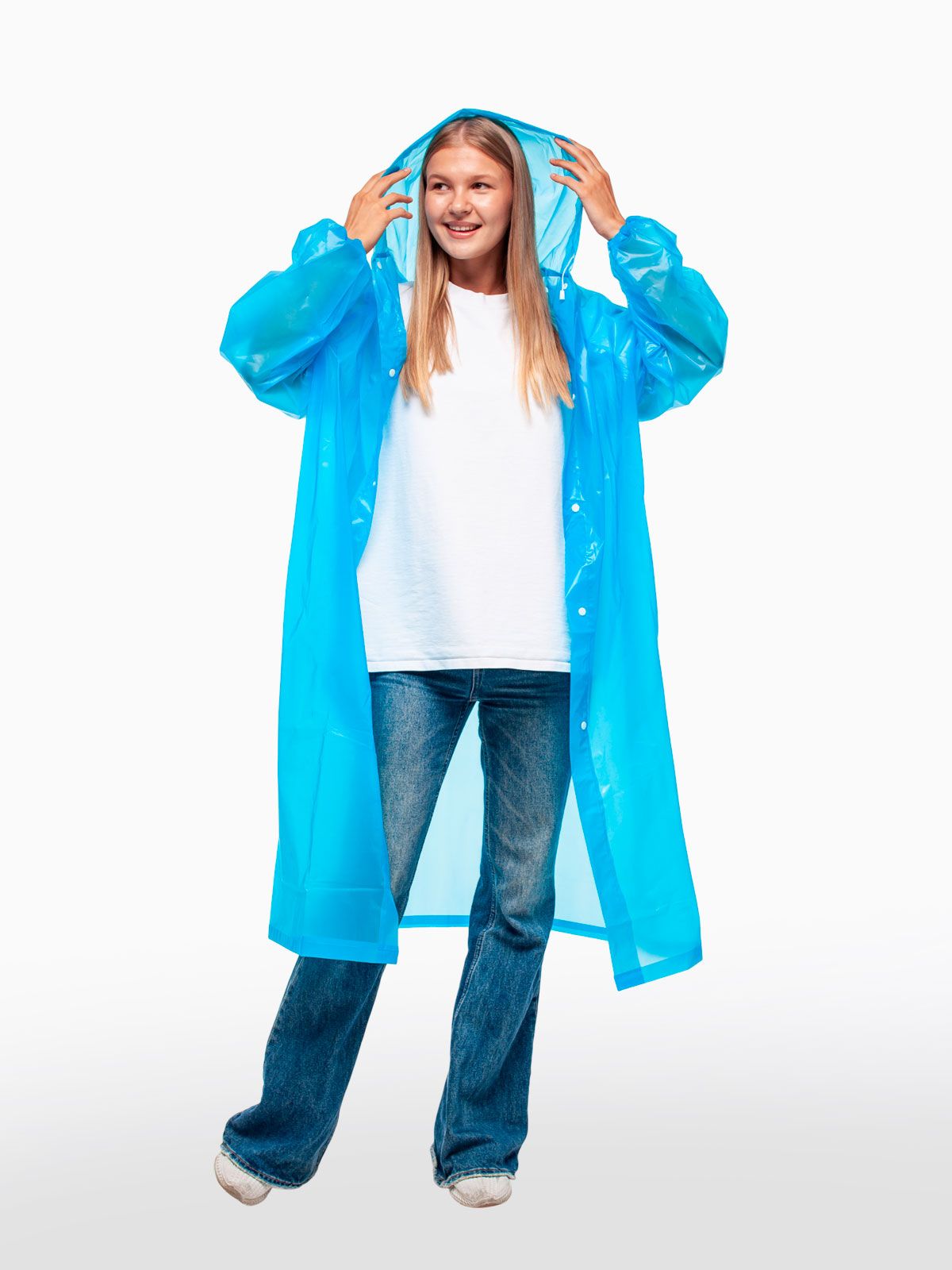 Дождевик водонепроницаемый c капюшоном женский / мужской / универсальный, на кнопках, полиэтилен, 15 мкм, цвет синий