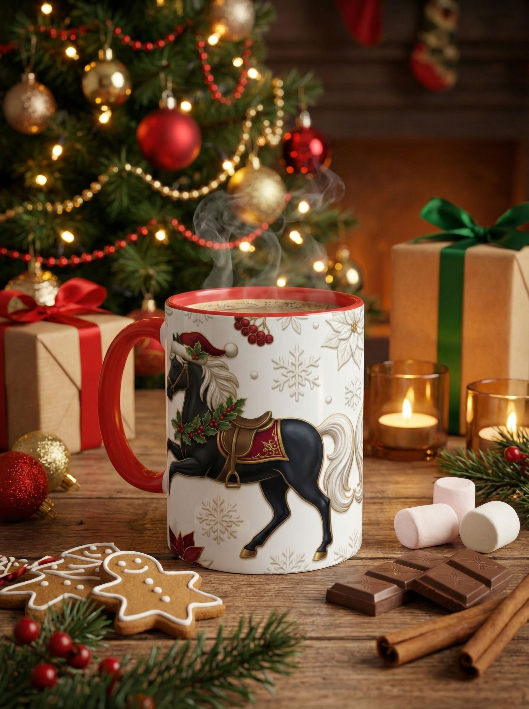 Кружка "Чёрный Конь 2026" 330мл. - Элегантная мощь наступающего года лошади. В красном стиле.