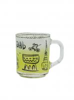 Кружка стеклянная с изображением достопримечательностей Казани, прямая, желтый цвет, 250мл., для чая и кофе