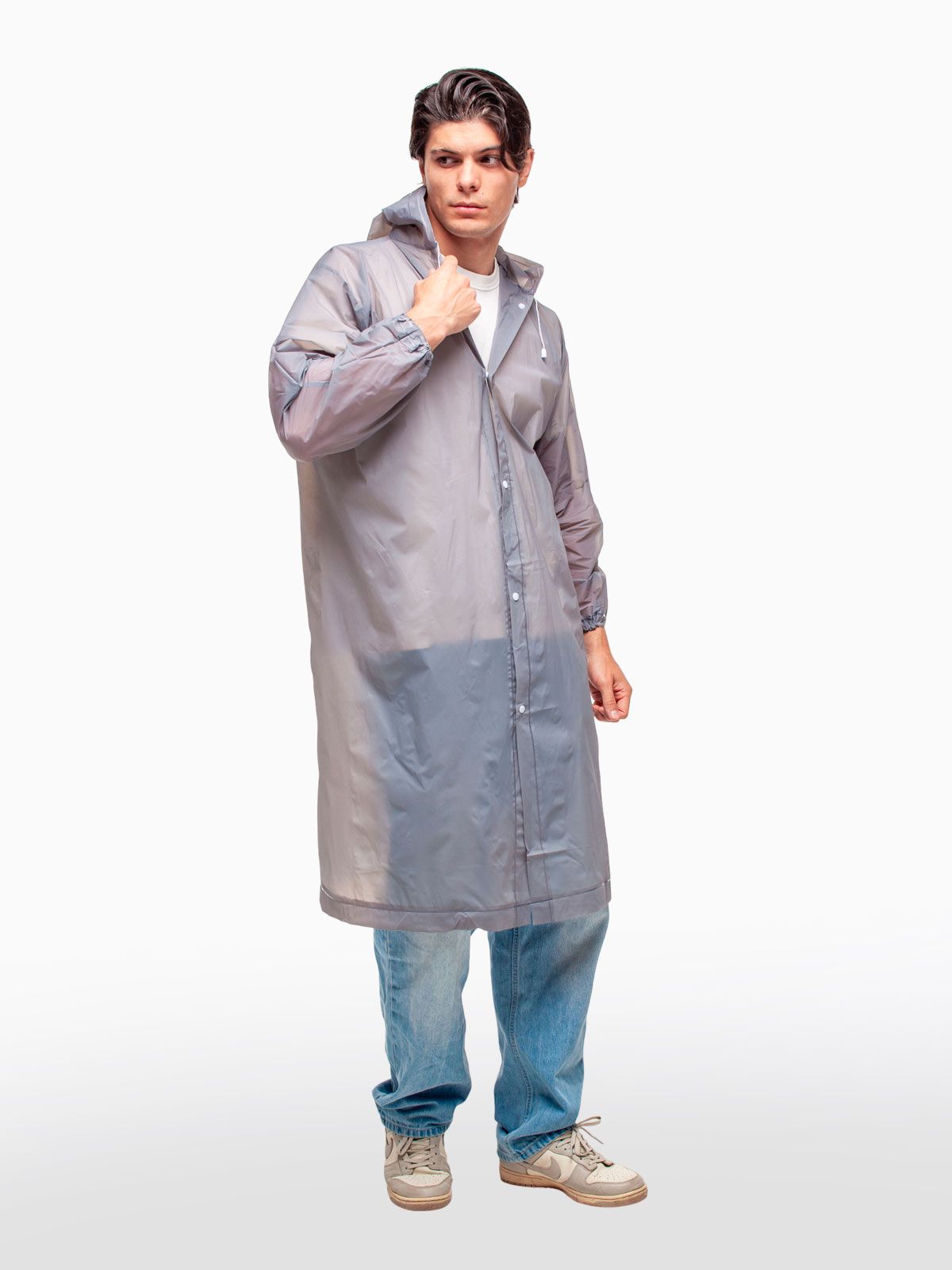 Набор из 2-х дождевиков водонепроницаемых c капюшоном женский / мужской / универсальный, на кнопках, полиэтилен, 15 мкм, цвета серые