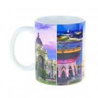 Кружка керамическая с видами Казани: храм всех религий, улицы Баумана, Никольского собора, Кул Шарифа, Дворца земледельцев, загс Чаша
