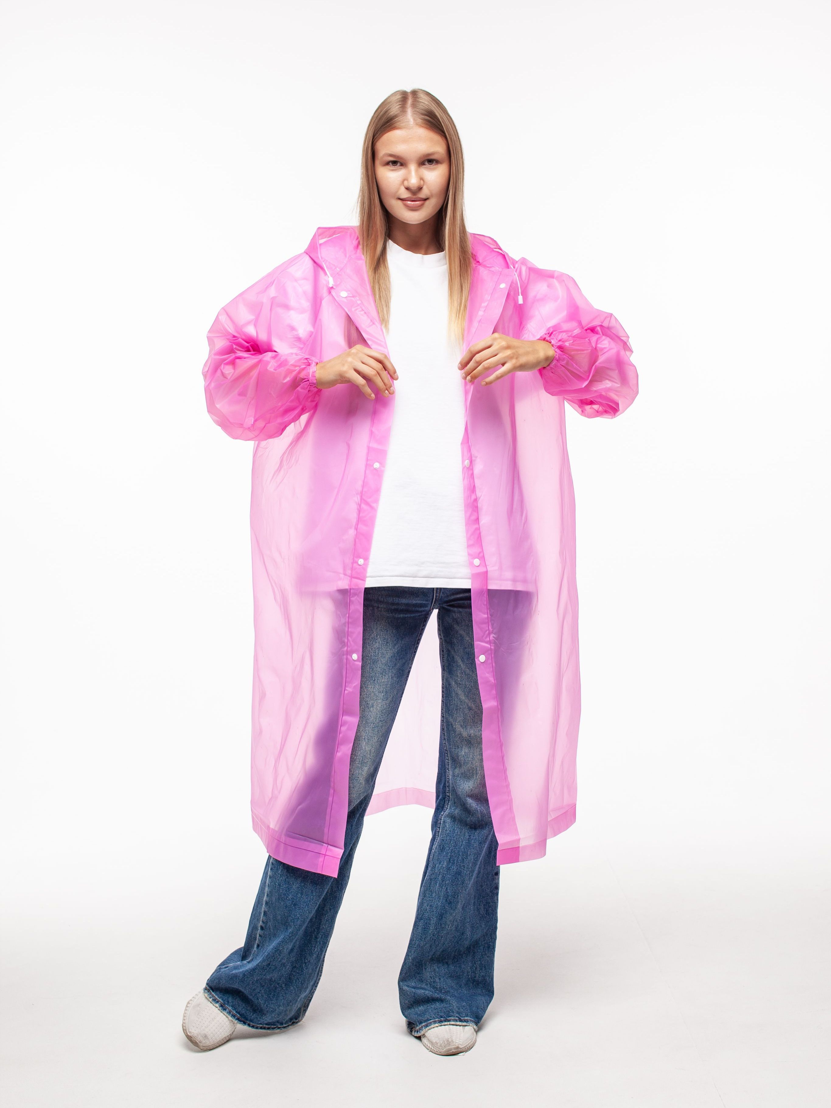 Набор из 2-х дождевиков водонепроницаемых c капюшоном женский / мужской / универсальный, на кнопках, полиэтилен, 15 мкм, цвета розовые