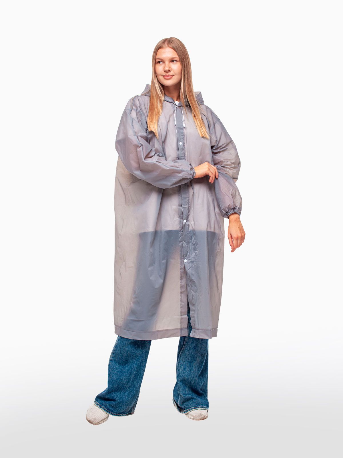 Набор из 2-х дождевиков водонепроницаемых c капюшоном женский / мужской / универсальный, на кнопках, полиэтилен, 15 мкм, цвета серые