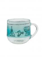 Кружка стеклянная с изображением достопримечательнотей Казани, форма бочонок, бирюзовый цвет, 300мл., для чая и кофе