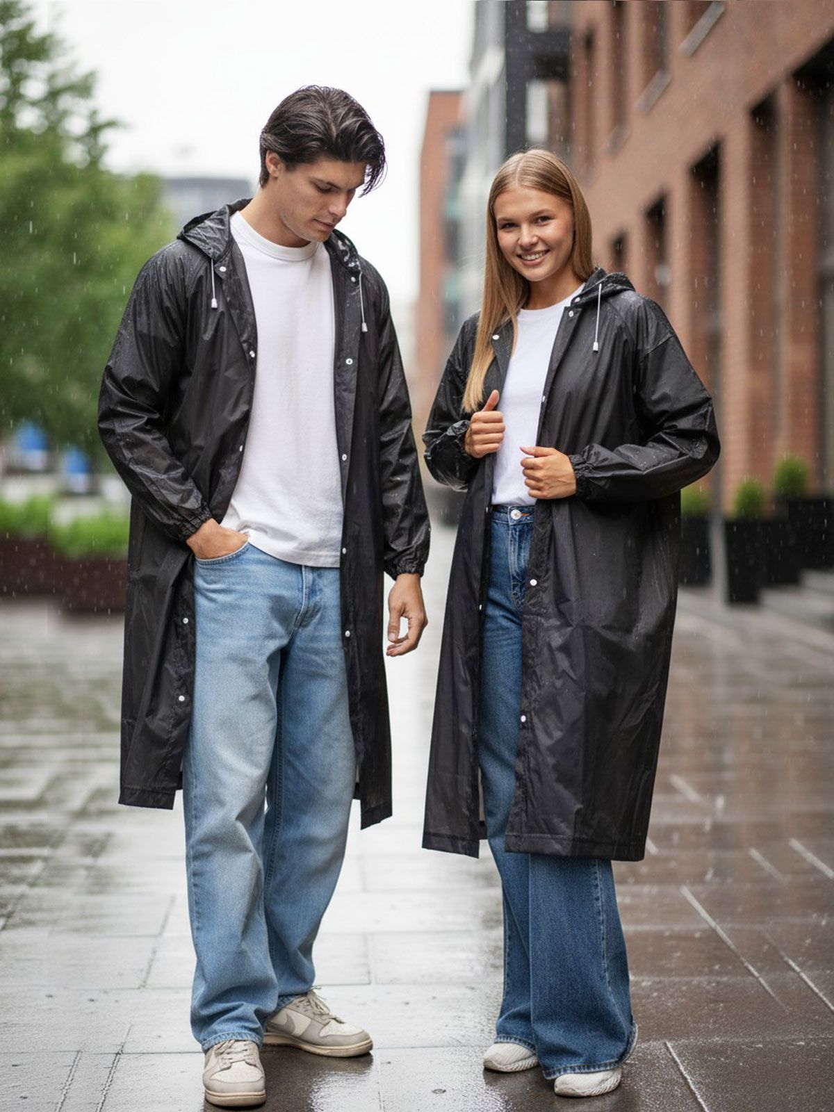 Дождевик водонепроницаемый c капюшоном женский / мужской / универсальный, на кнопках, полиэтилен, цвет черный
