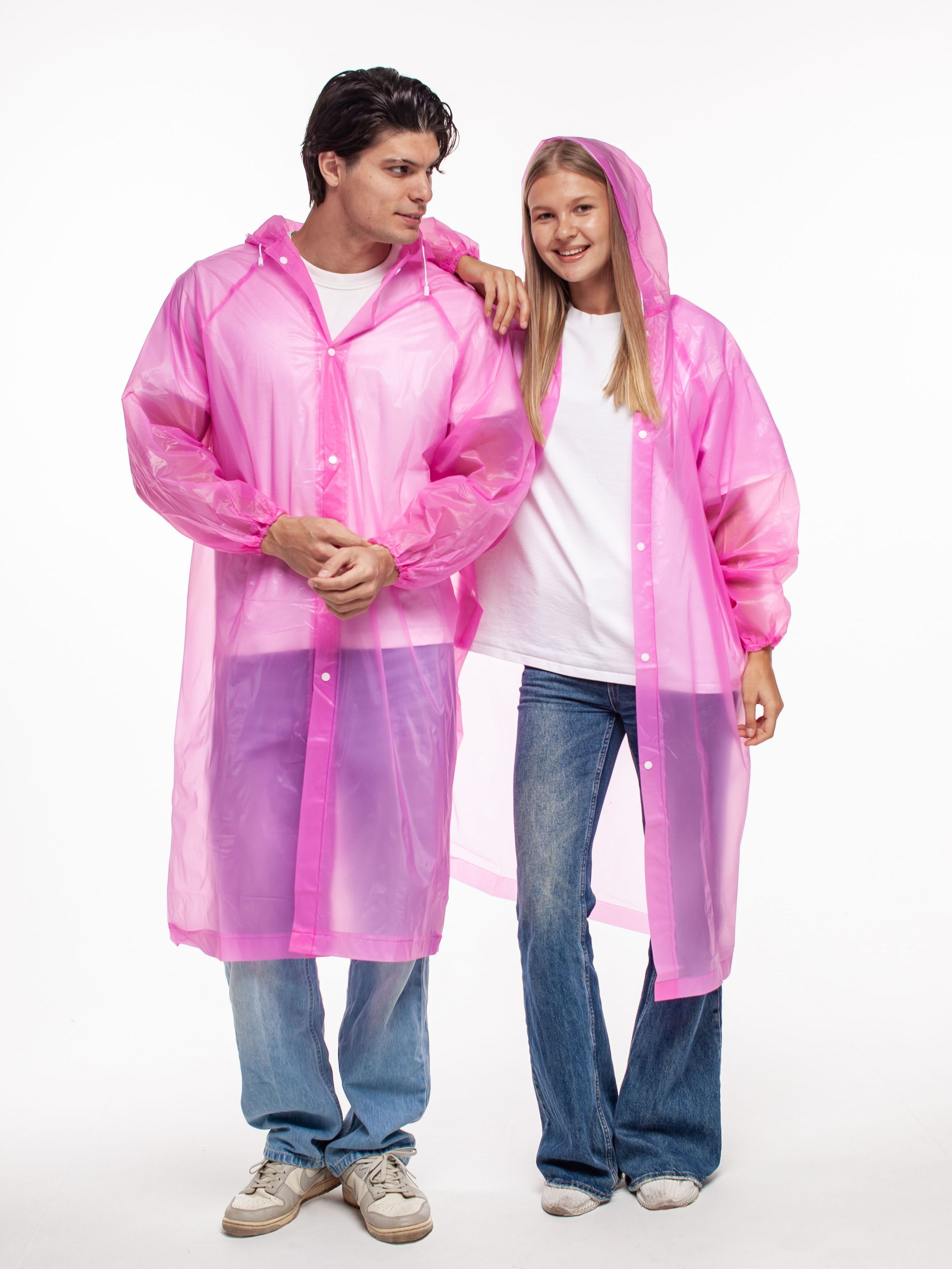 Набор из 2-х дождевиков водонепроницаемых c капюшоном женский / мужской / универсальный, на кнопках, полиэтилен, 15 мкм, цвета розовые