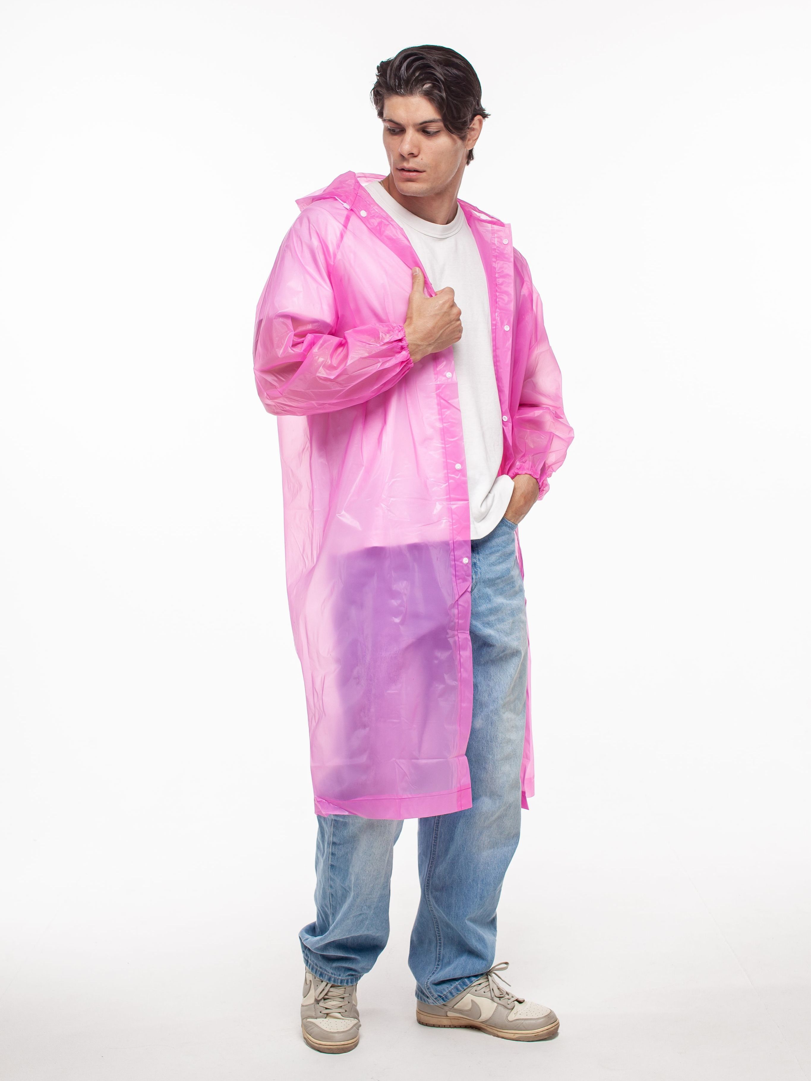 Набор из 2-х дождевиков водонепроницаемых c капюшоном женский / мужской / универсальный, на кнопках, полиэтилен, 15 мкм, цвета розовые