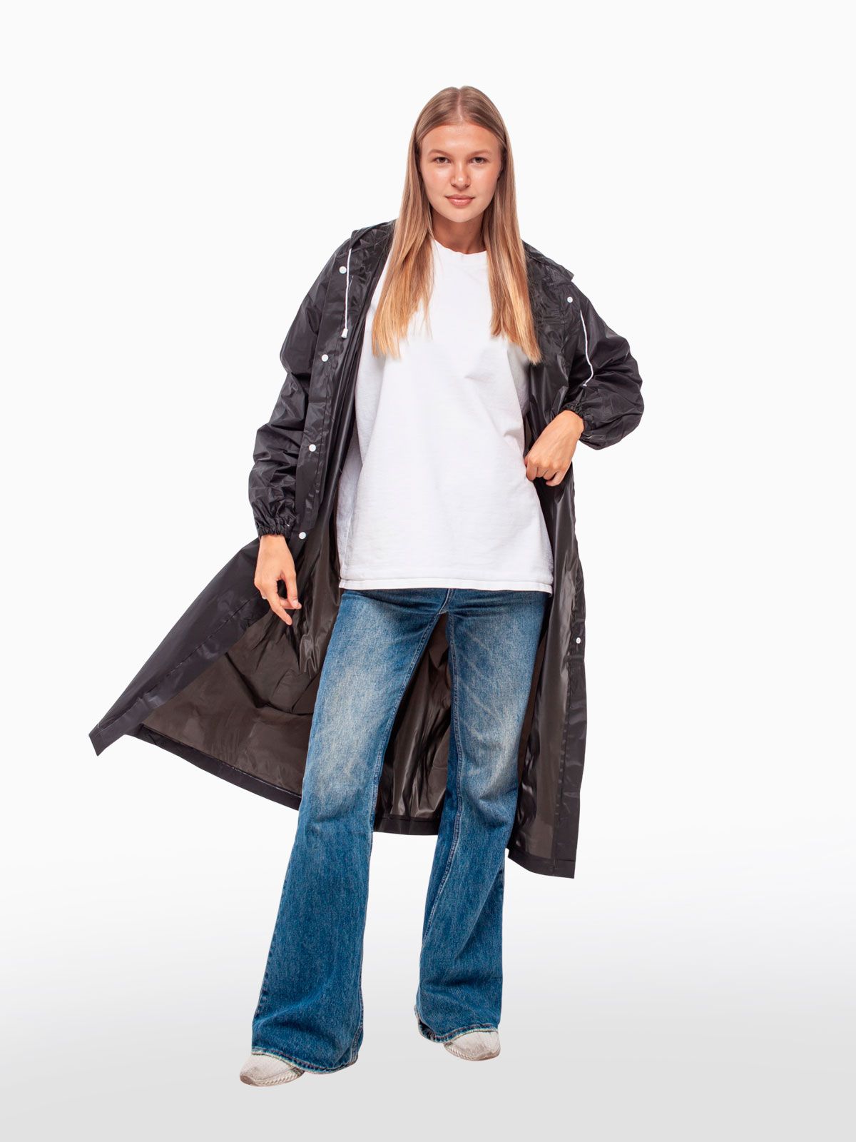 Дождевик водонепроницаемый c капюшоном женский / мужской / универсальный, на кнопках, полиэтилен, цвет черный