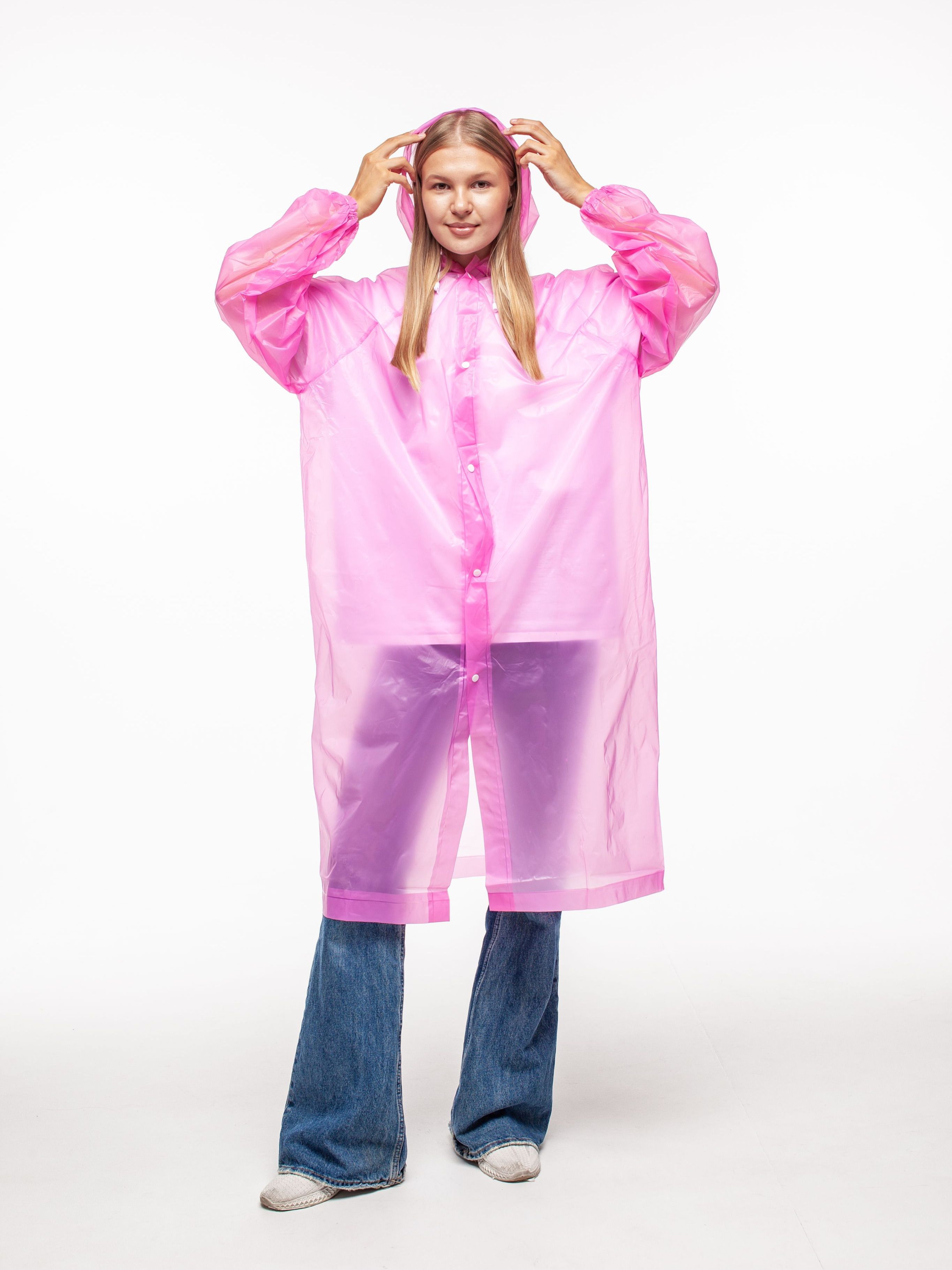 Набор из 2-х дождевиков водонепроницаемых c капюшоном женский / мужской / универсальный, на кнопках, полиэтилен, 15 мкм, цвета розовые