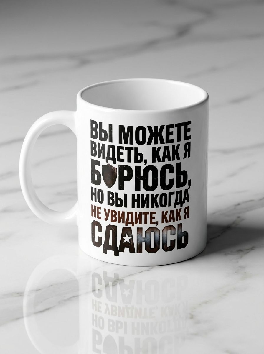 Керамическая кружка с надписью "Вы можете видеть, как я борюсь, но Вы никогда не увидите, как я сдаюсь" - подарок мужу, отцу.