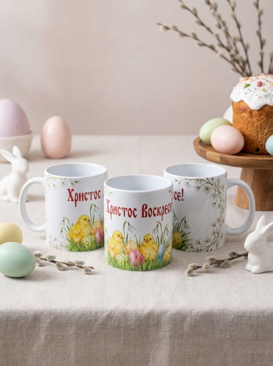 Керамическая кружка "Христос Воскрес" 2026 года, принт пасхальных яичек и цыплят