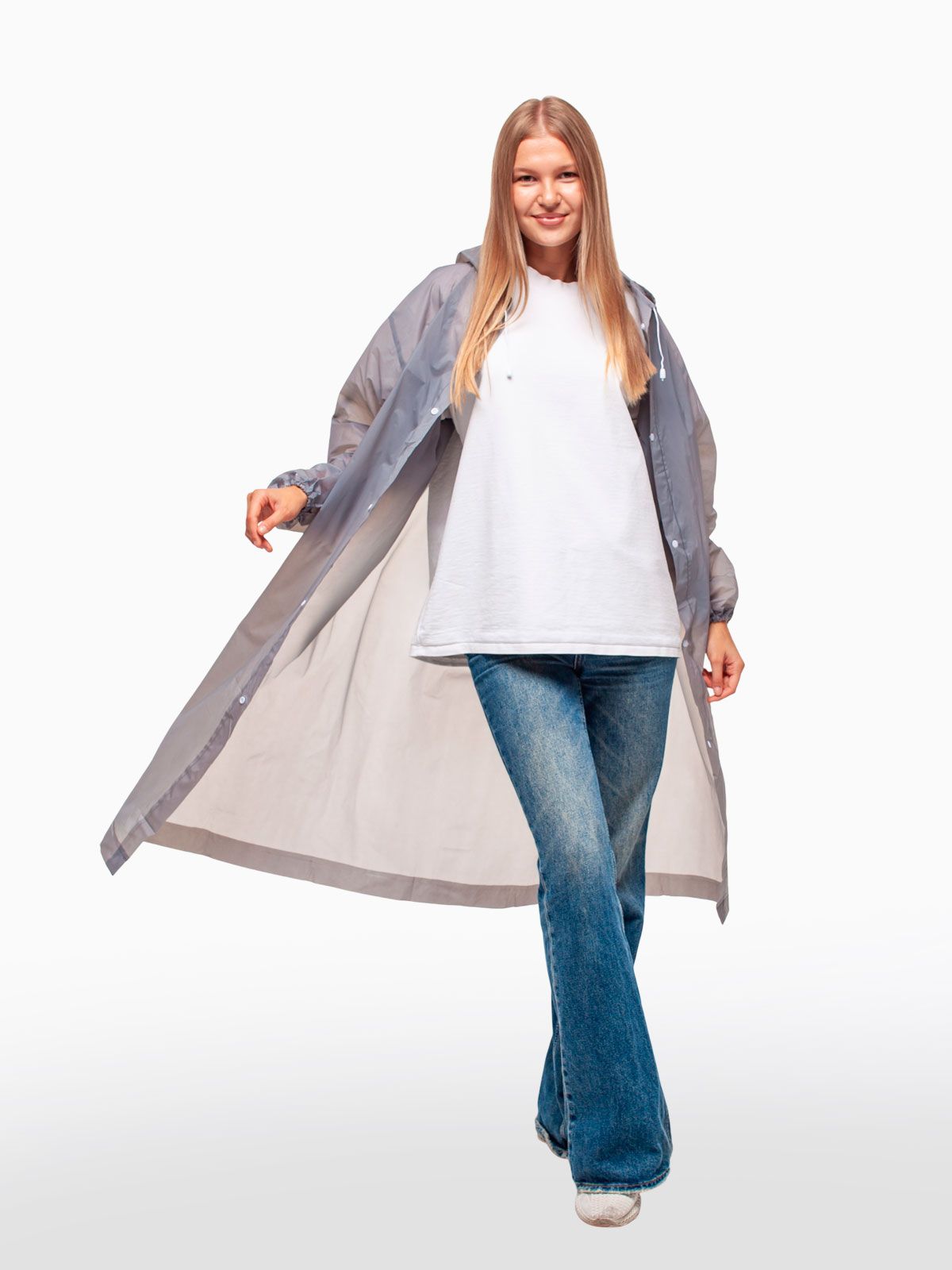 Набор из 2-х дождевиков водонепроницаемых c капюшоном женский / мужской / универсальный, на кнопках, полиэтилен, 15 мкм, цвета серые