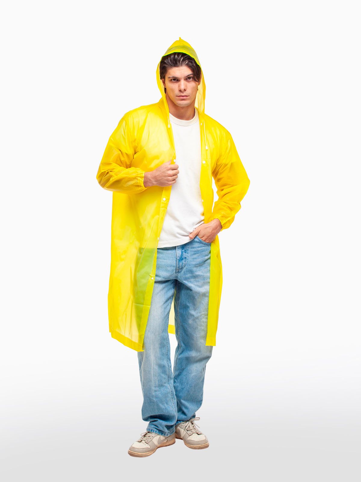 Дождевик водонепроницаемый c капюшоном женский / мужской / универсальный, на кнопках, полиэтилен, 15 мкм, цвет желтый