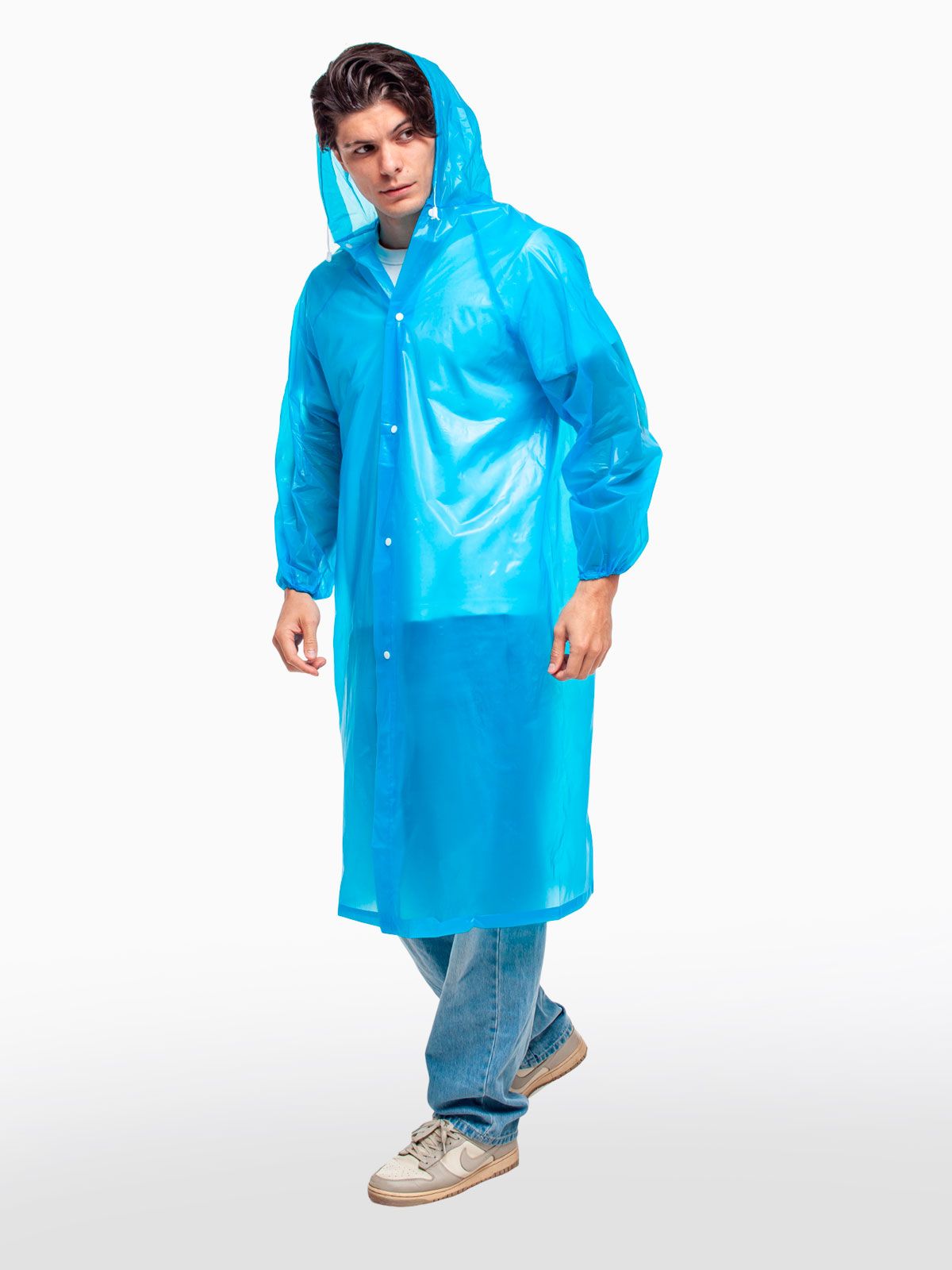 Дождевик водонепроницаемый c капюшоном женский / мужской / универсальный, на кнопках, полиэтилен, 15 мкм, цвет синий