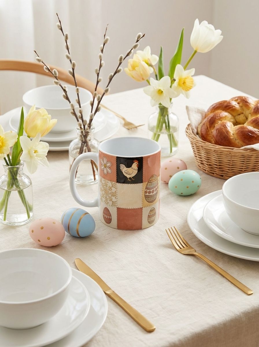 Керамическая кружка пасхальная с курочками. Изображение пасхальной символики для подарка и тематического украшения праздничного стола.