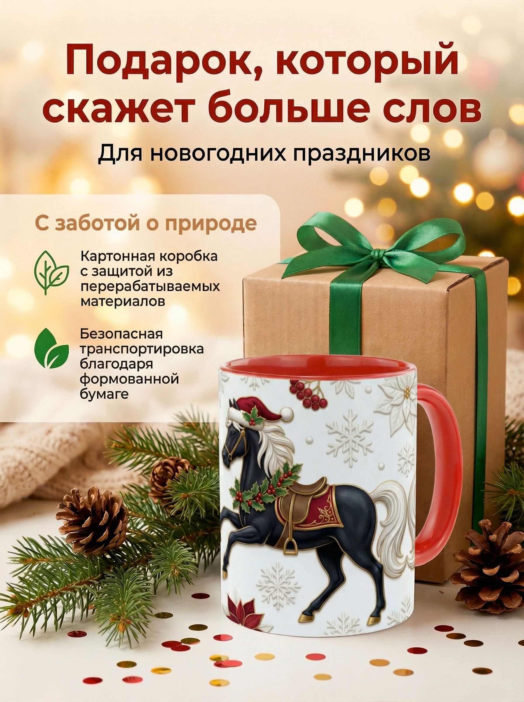 Кружка "Чёрный Конь 2026" 330мл. - Элегантная мощь наступающего года лошади. В красном стиле.