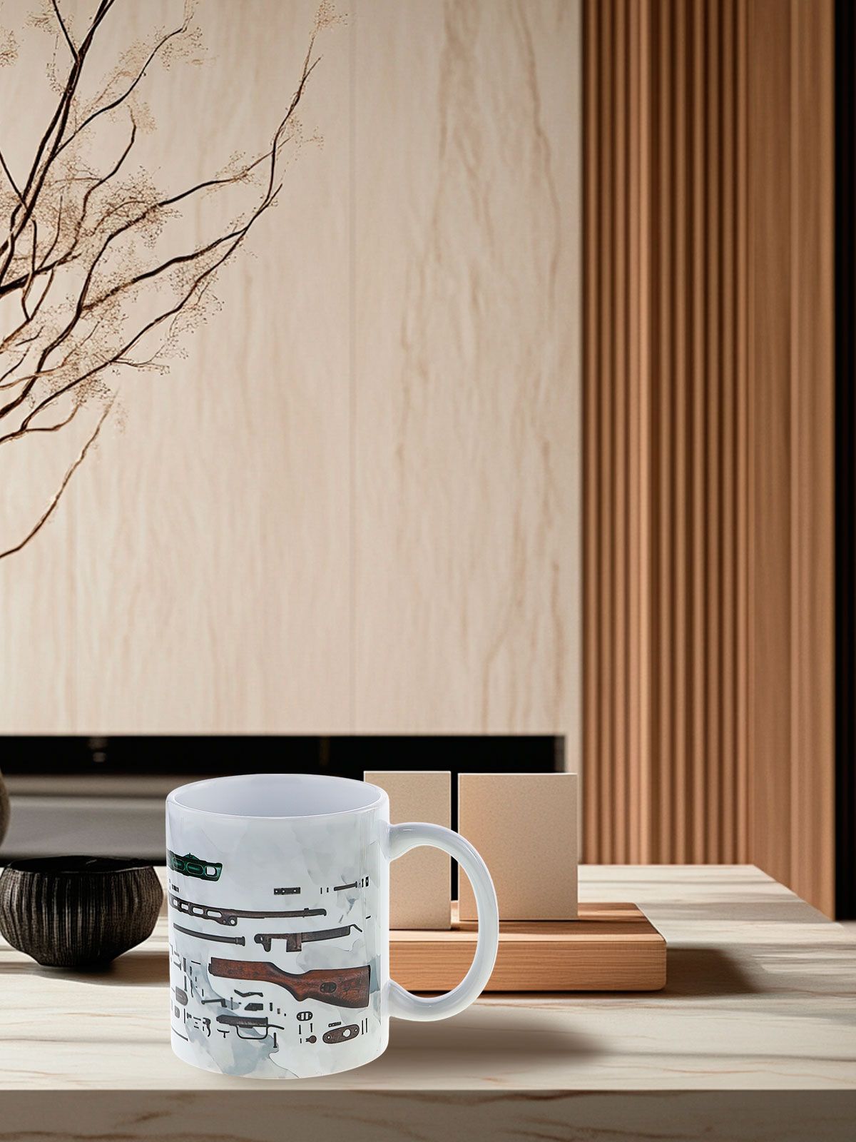 Керамическая кружка, оформленная в стиле ППШ-41, в подарок к 23 февраля