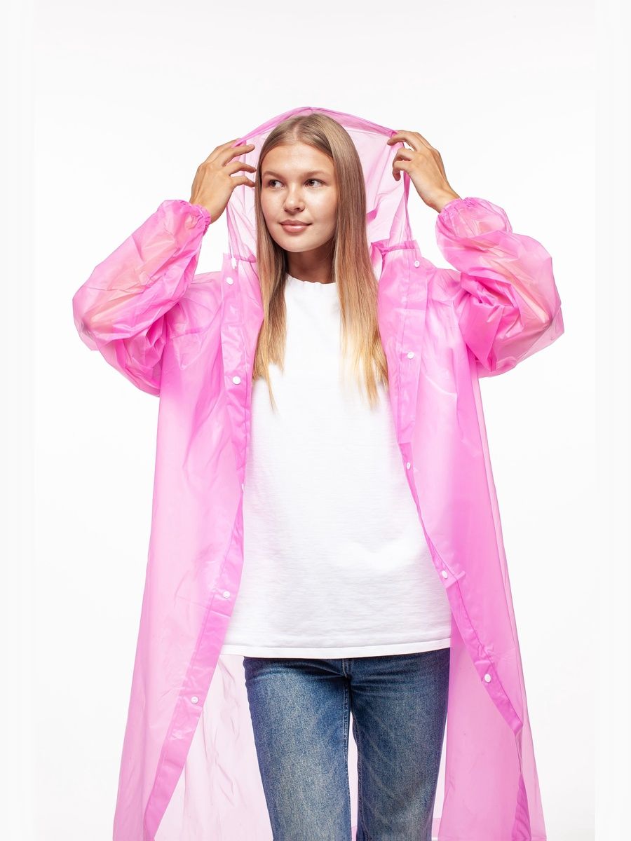 Набор из 2-х дождевиков водонепроницаемых c капюшоном женский / мужской / универсальный, на кнопках, полиэтилен, 15 мкм, цвета розовые