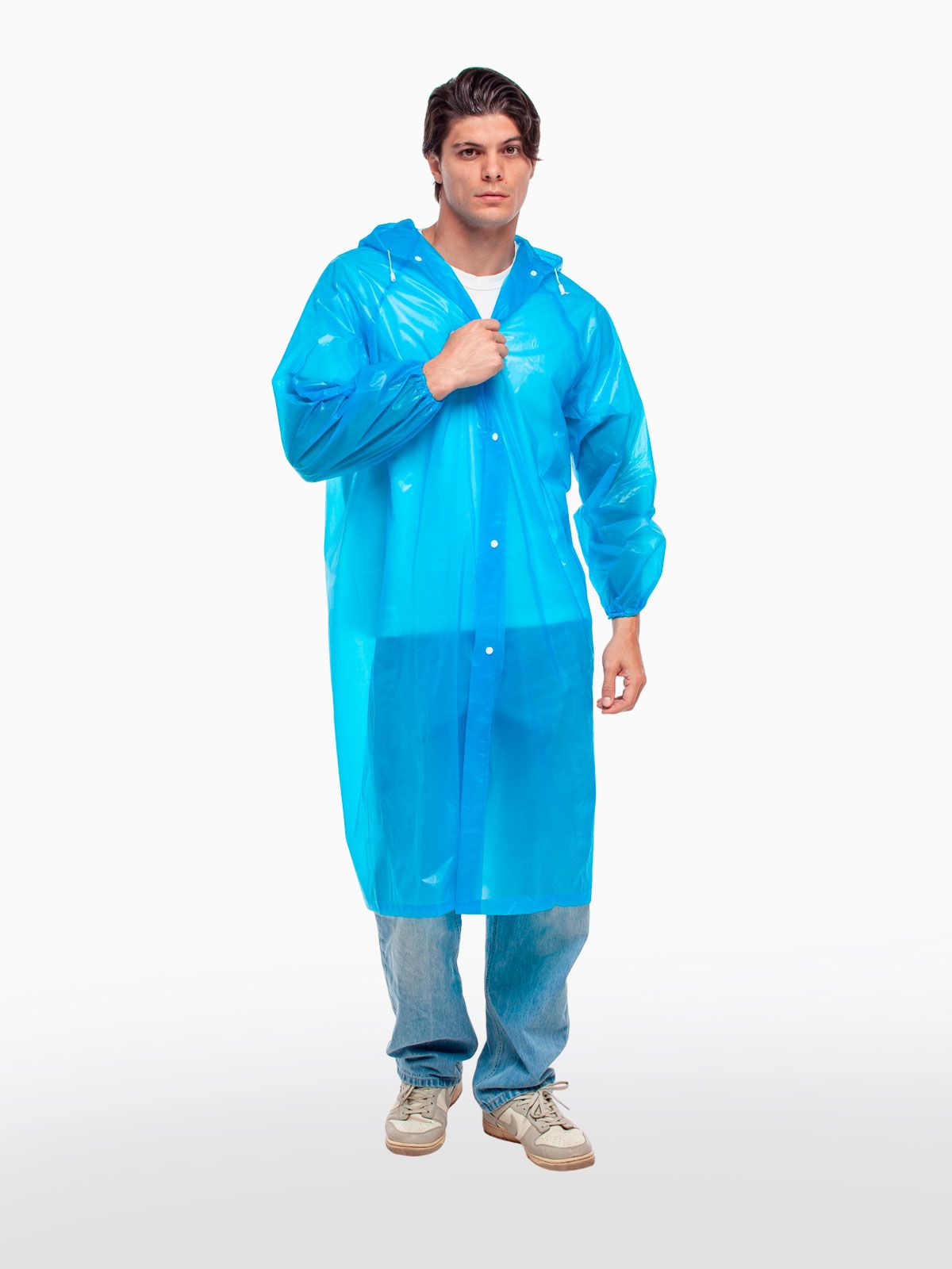 Дождевик водонепроницаемый c капюшоном женский / мужской / универсальный, на кнопках, полиэтилен, 15 мкм, цвет синий