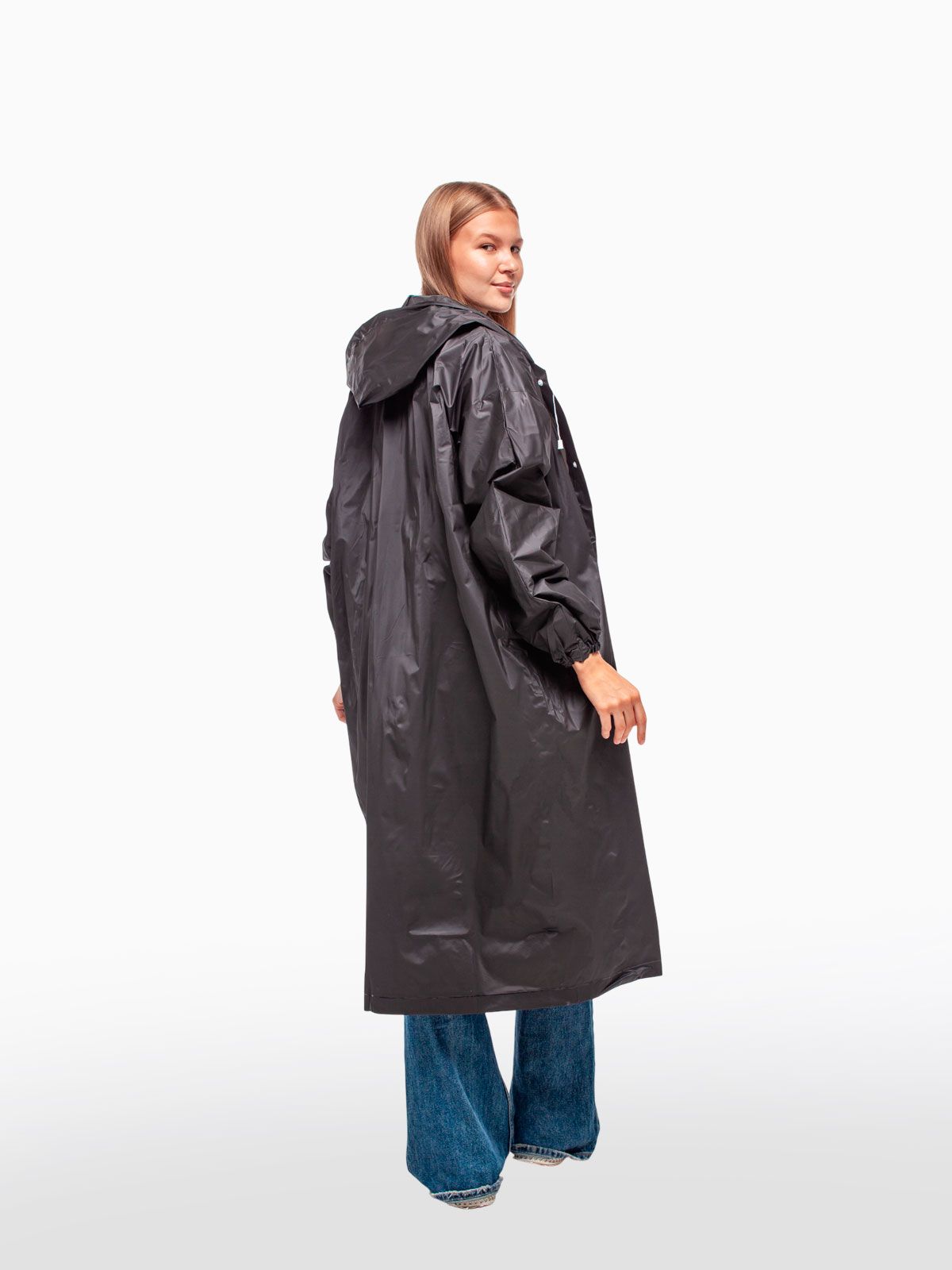 Дождевик водонепроницаемый c капюшоном женский / мужской / универсальный, на кнопках, полиэтилен, цвет черный