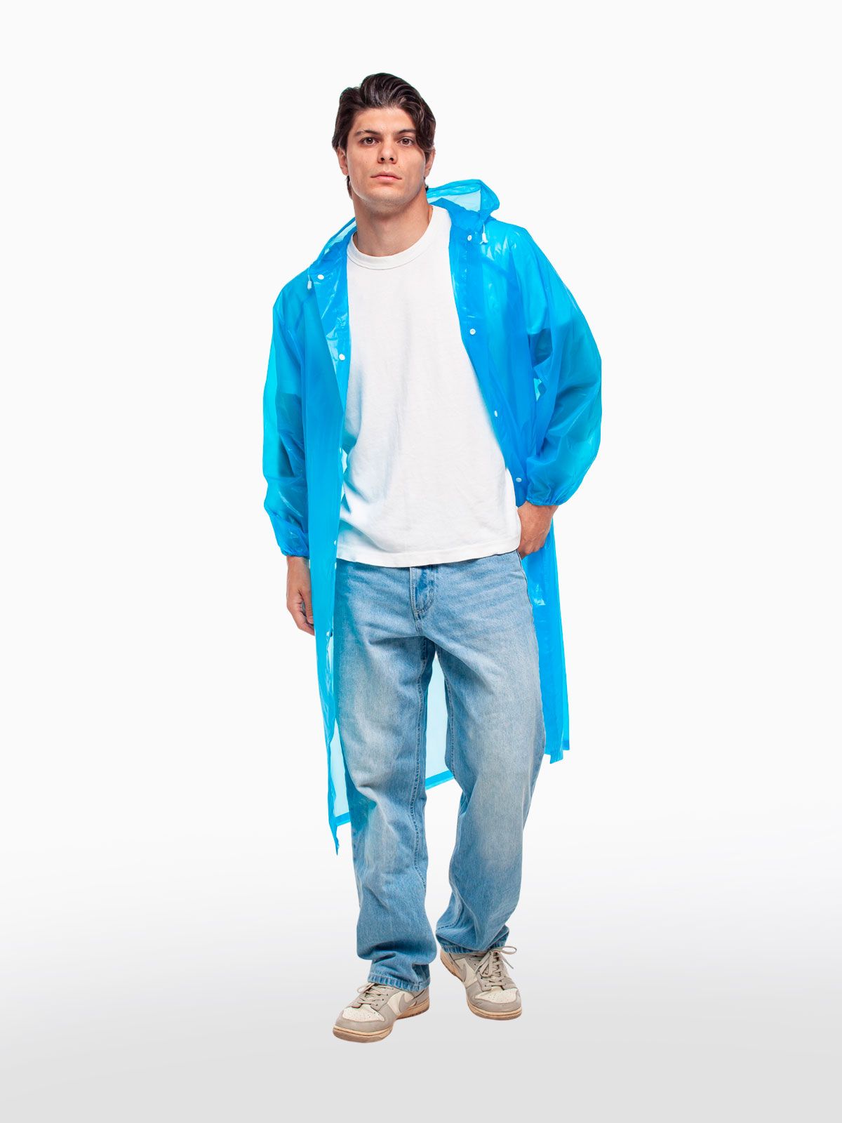 Дождевик водонепроницаемый c капюшоном женский / мужской / универсальный, на кнопках, полиэтилен, 15 мкм, цвет синий