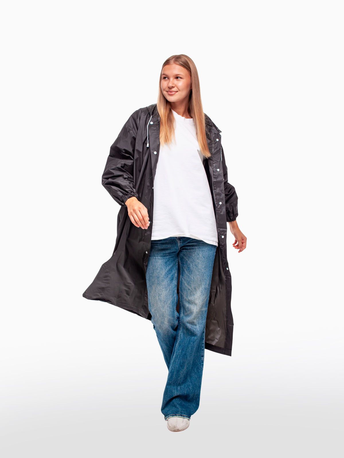 Дождевик водонепроницаемый c капюшоном женский / мужской / универсальный, на кнопках, полиэтилен, цвет черный