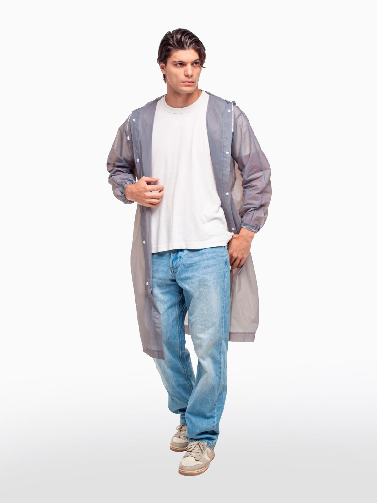 Набор из 2-х дождевиков водонепроницаемых c капюшоном женский / мужской / универсальный, на кнопках, полиэтилен, 15 мкм, цвета серые