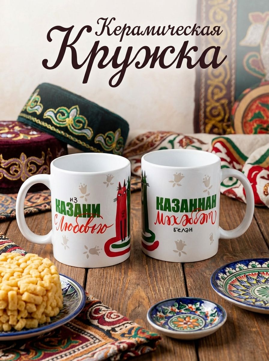 Кружка керамическая принт котиков с надписью "Мехеббет бэлен" (перевод Из Казани С Любовью)