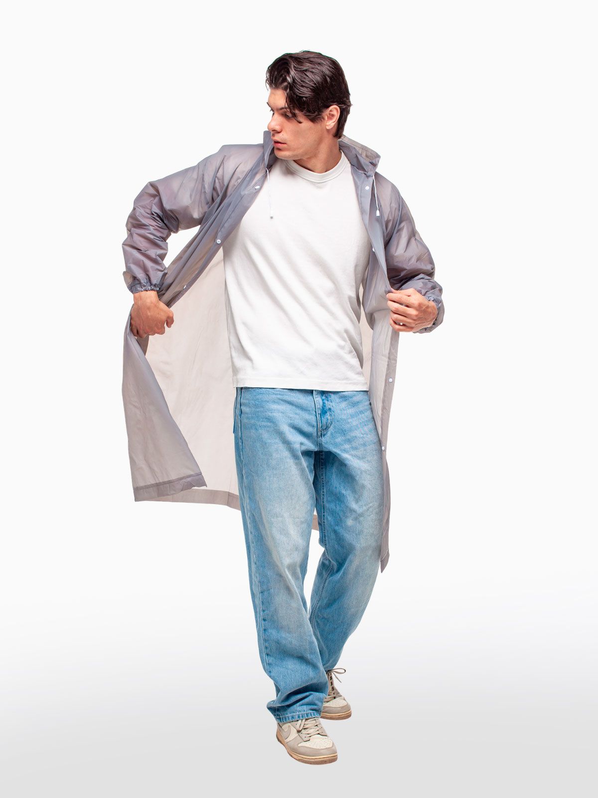 Набор из 2-х дождевиков водонепроницаемых c капюшоном женский / мужской / универсальный, на кнопках, полиэтилен, 15 мкм, цвета серые