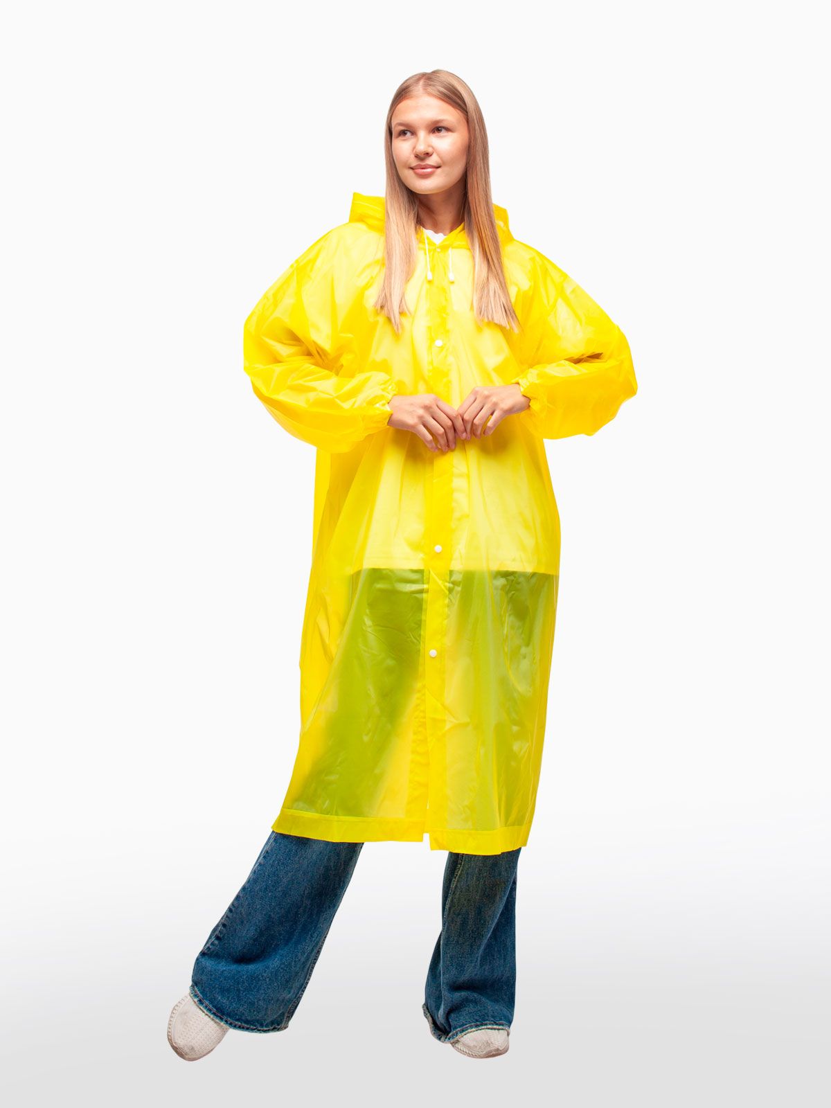 Дождевик водонепроницаемый c капюшоном женский / мужской / универсальный, на кнопках, полиэтилен, 15 мкм, цвет желтый