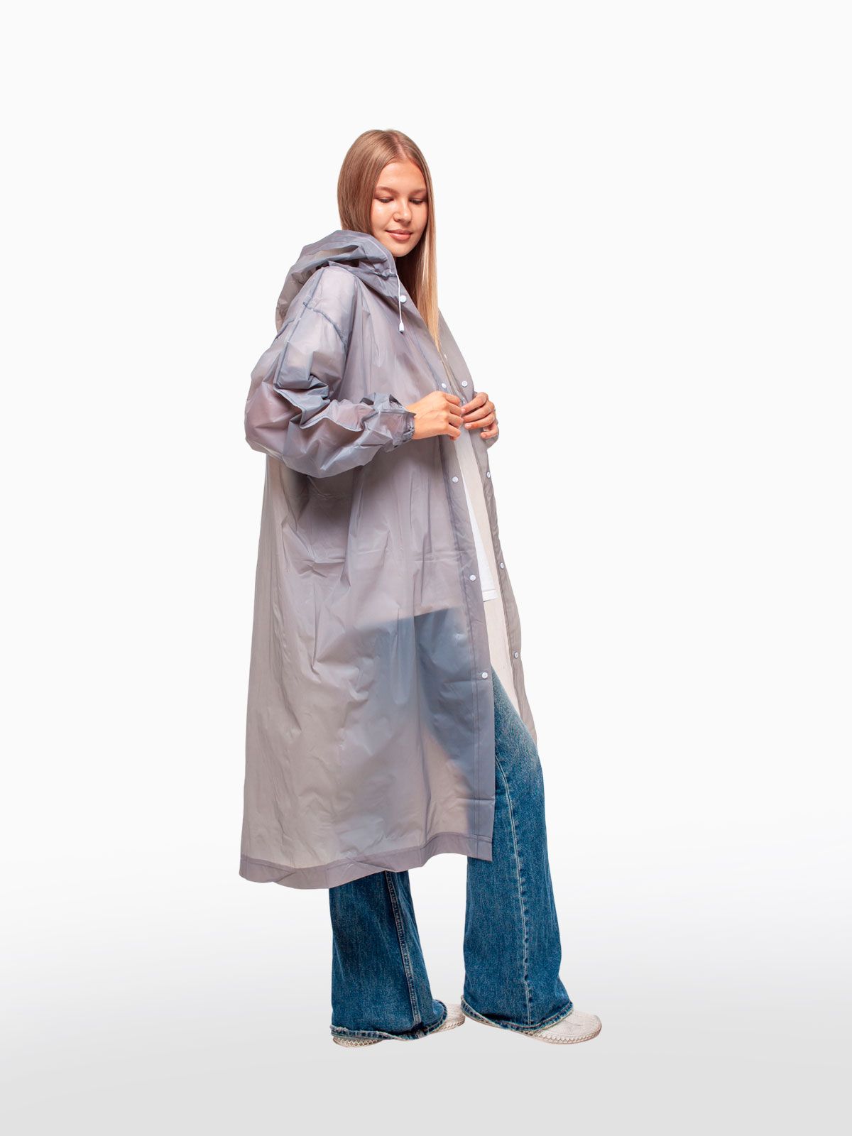 Набор из 2-х дождевиков водонепроницаемых c капюшоном женский / мужской / универсальный, на кнопках, полиэтилен, 15 мкм, цвета серые