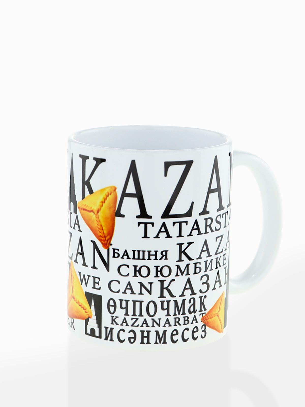 Керамическая кружка в белом цвете с татарской выпечкой Эчпочмак - стильный и удобный аксессуар для чаепития, объем 330мл